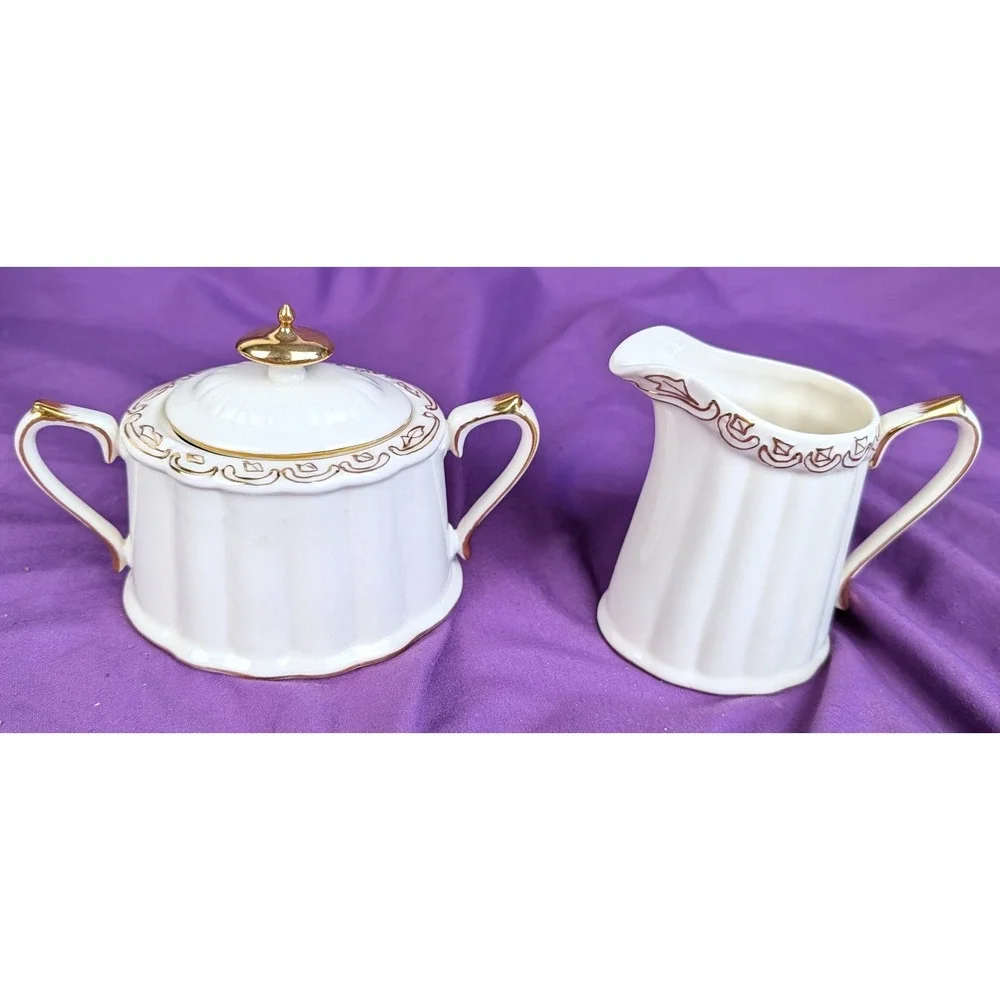 Olympia Creamer & Sugar Bowl With Lid Set White With gold trim Ribbed Oval NIB